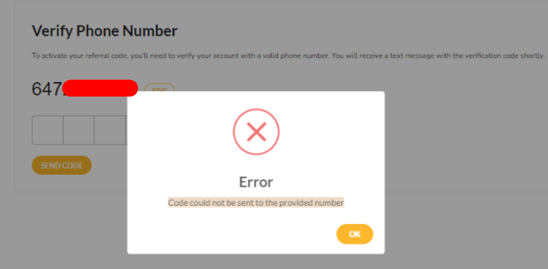 Code could not be sent to the provided number — screenshot 1