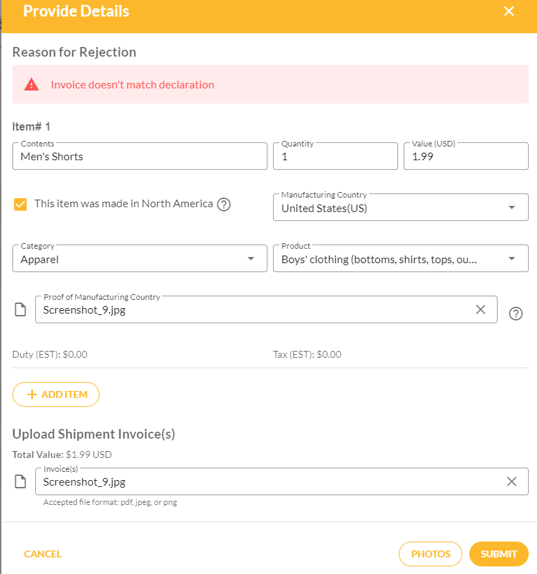 How to declare your items — screenshot 1
